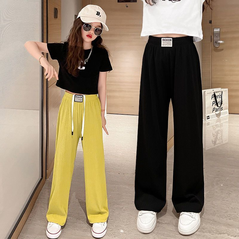 กางเกงขายาวเด็กผู้หญิงมีเชือกมีกระเป๋าสองข้างลายใหม่น่ารักใส่ชิว เสื้อผ้าแฟชั่นเด็กวัยรุ่น กางเกงกีฬาเด็กสไตล์ใหม่