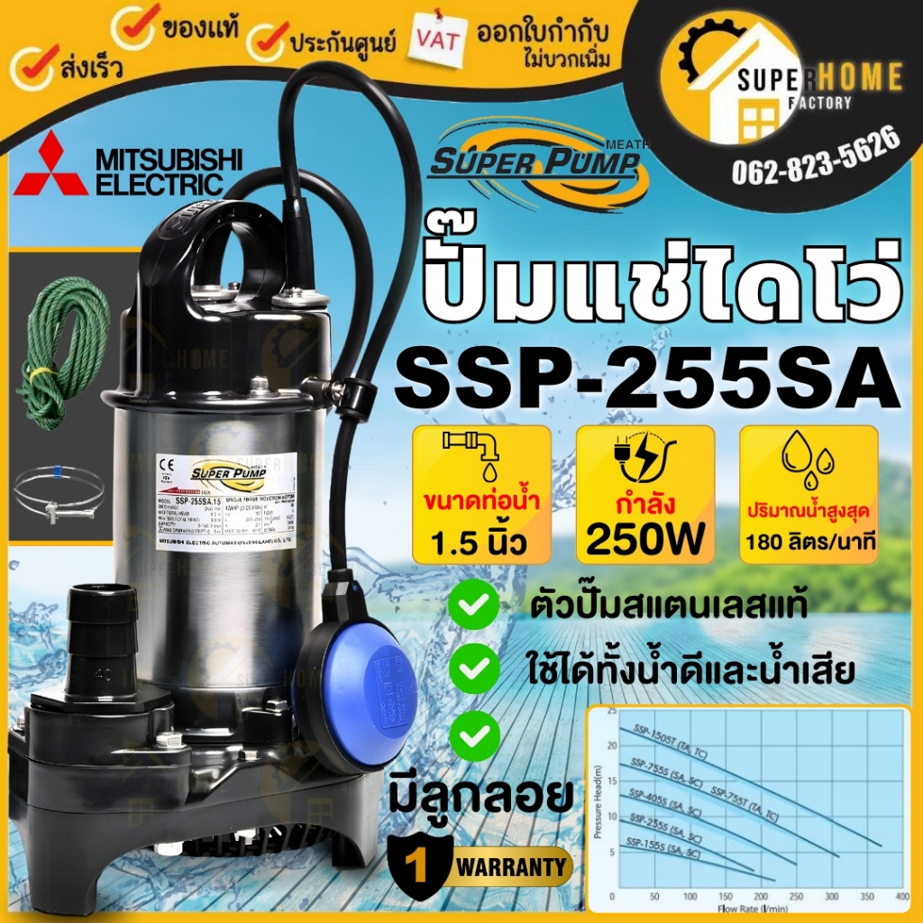 แท้ ส่งด่วน MITSUBISHI ปั๊มแช่ รุ่น SSP-255SA ลูกลอย ปั๊มแช่สแตนเลส ปั้มแช่สแตนเลส 1-1/2 นิ้ว 250W ปั๊มจุ่มมีลูกลอย