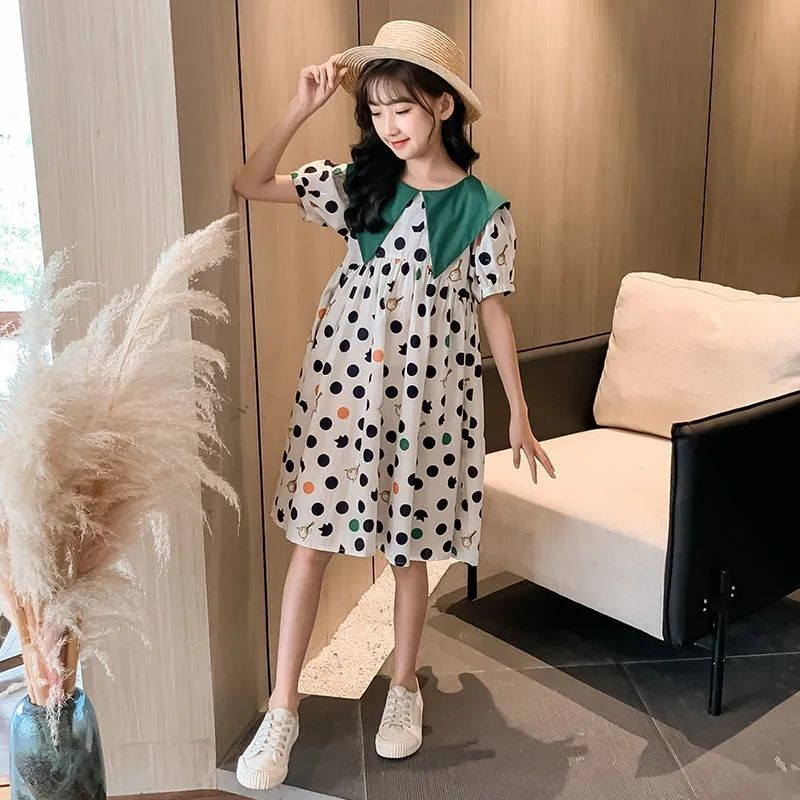 รุ่นใหม่ ชุดกระโปรงยาวลำลองเด็กผู้หญิงฤดูร้อน ชุดเดรสแขนสั้นเด็กน่ารักๆ เสื้อผ้าแฟชั่นเด็กโตผู้หญิง ชุดสำหรับเด็กผู้หญิง - รูปที่ 3