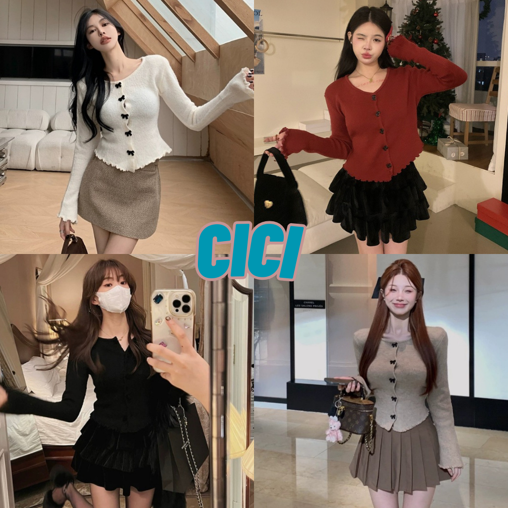 ส่งทันที Cici(NO. C1804/Y0217)เสื้อครอปแขนยาว คอกลมเข้ารูปดีเทลกระดุมโบว์สามารถถอดแกะได้สไตล์ฝรั่งเศส แฟชั่นฤดูใบไม้ร่วง
