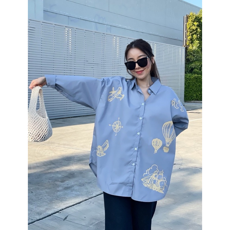 Balloon Shirt เสื้อเชิ้ตสกรีนลายลูกโป่งบอลลูน 3 สี ทรงโอเวอร์ไซต์ ใส่ได้ตั้งแต่sizes-xl