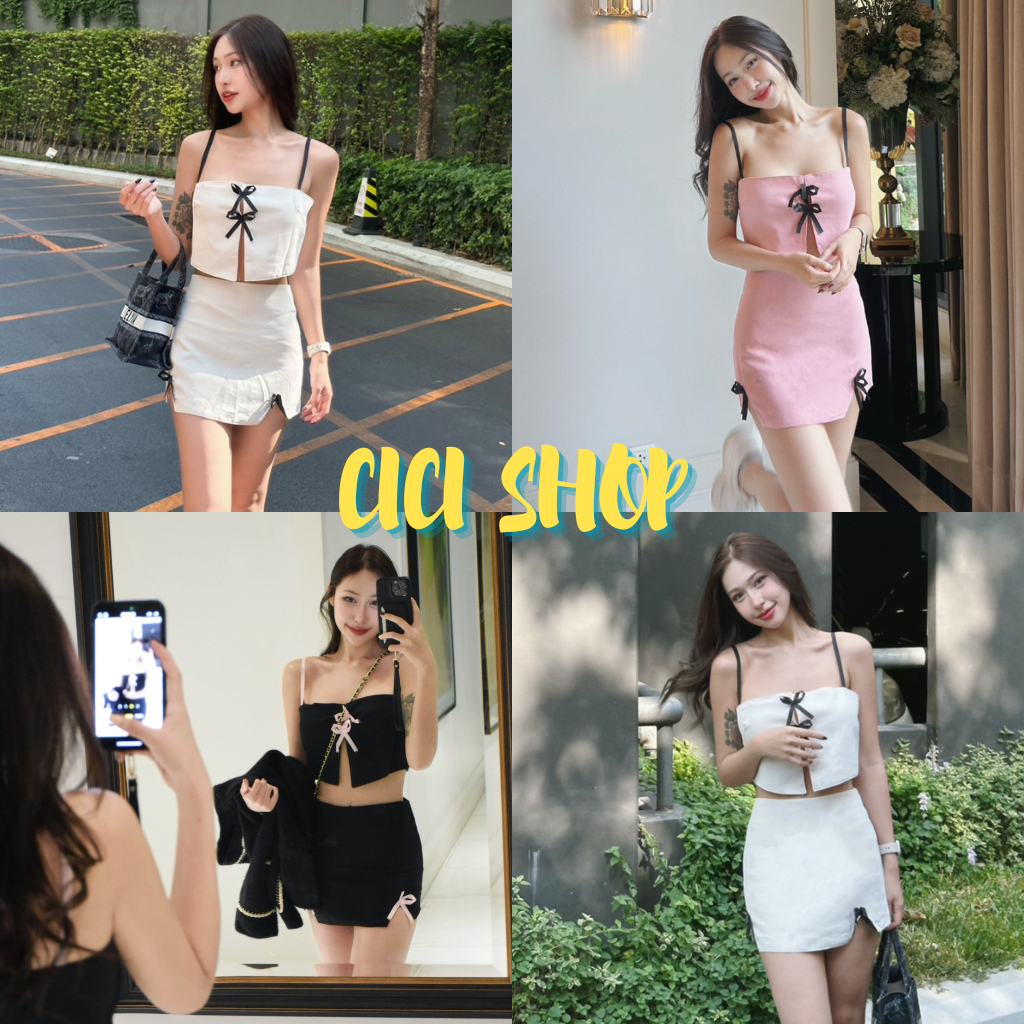 Cicishop(3191)Set 2 ชิ้น เสื้อสายเดียว+กระโปรงสั้นทรงเอ ซิปหลัง แต่งโบว์ด้านหน้า สายสามารถปรับได้ สไตล์สาวเวียดนาม