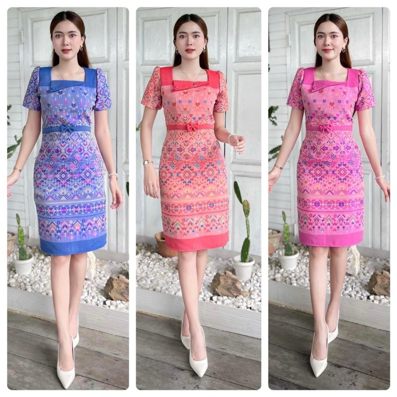 เดรสทรงสอบ ผ้าไหมแกมฝ้ายทอลาย สีไม่ซีด ไม่ตก อัดกาวทั้งชุด (รุ่นโบว์ที่เอว) งานใหม่
