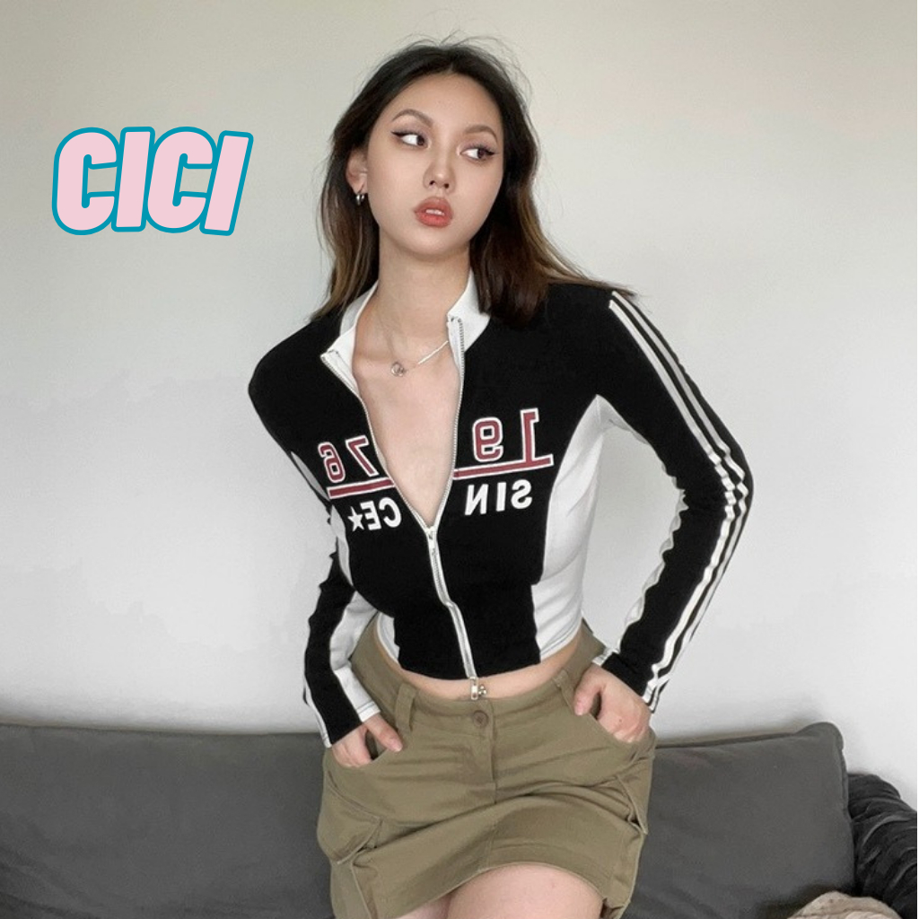 ส่งทันที Cici(NO. J926)เสื้อครอปแขนยาว ดีเทลซิปรูดด้านหน้าสามารถรูดได้ทั้งบนและล่างสาวไบค์เกอร์ใส่แล้วเข้ารูป อเมริกัน