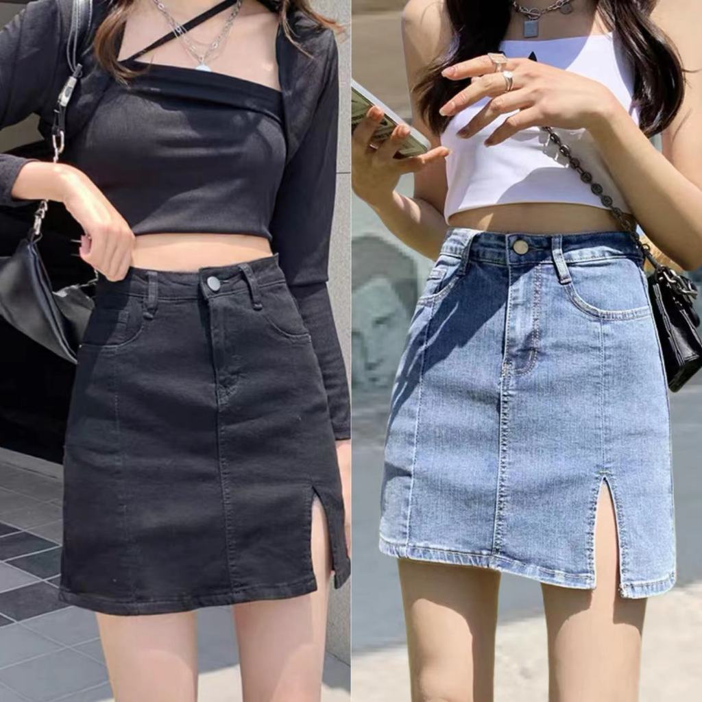 2สี กระโปรงทรงเอ กระโปรงยีนส์ งานเย็บละเอียด เเบบผ่าข้าง