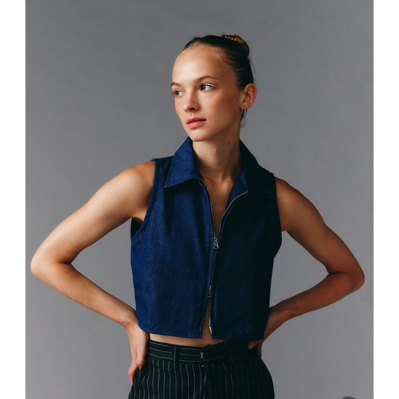 (used) เสื้ิอยีนส์ครอปแขนกุด sunny express