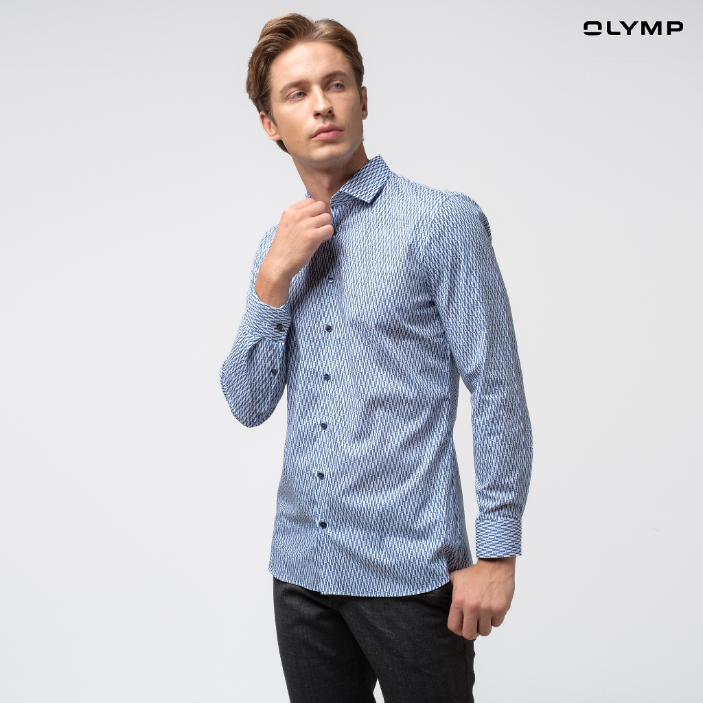 OLYMP No.Six Shirt เสื้อเชิ้ตชาย ลายพิมพ์ สีน้ำเงิน ทรงเข้ารูป ยืดหยุ่น รีดง่าย SPRI24 เสื้อทำงาน