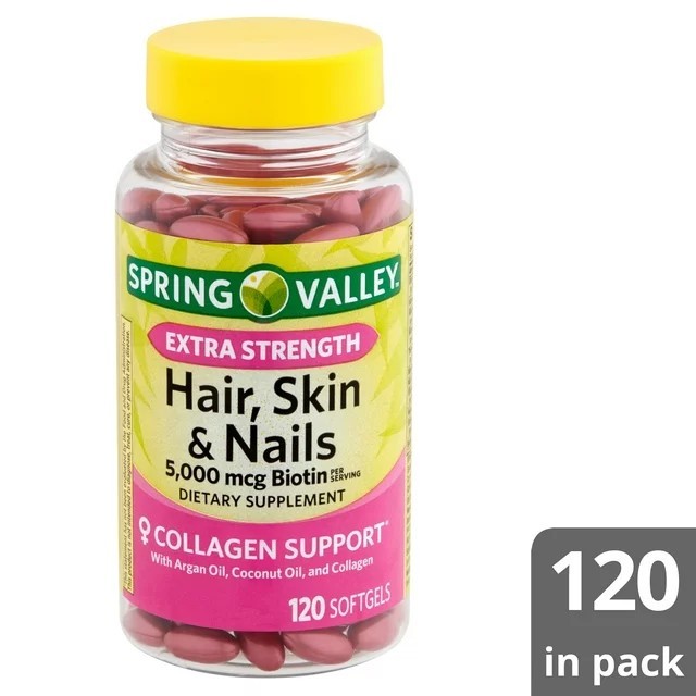 บำรุงเล็บ ผม Spring Valley Extra Strength Hair, Skin, &amp; Nails Collagen Support Softgels, 5000 mcg Biotin, 120 เม็ด