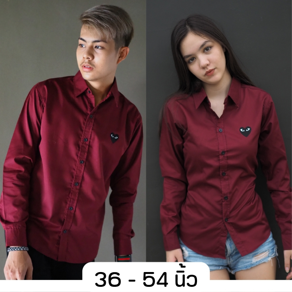 takayay brand เสื้อเชิ้ต สีแดงเบอกันดี้พื้นใจดำ 36-54 นิ้ว เสื้อเชิ้ตสีแดง ผ้าคอตตอนทวิล
