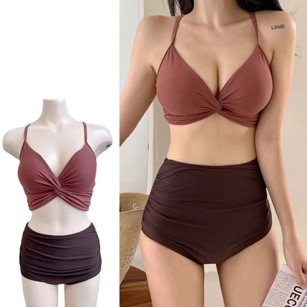 ชุดว่ายน้ำ bikini ทูพีช เอวสูง เซ็กซี่ แฟชั่นผู้หญิงเกาหลี สีน้ําเงิน #0165
