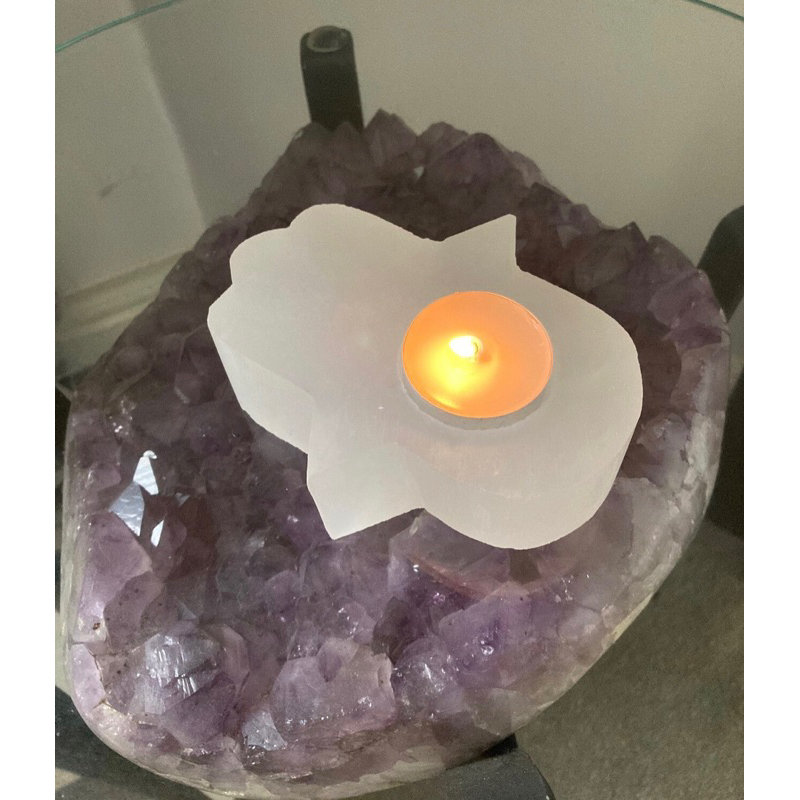 1 PC Selenite - candle Holder of Natural Selenite Hand of Fatima - Satin Spar - Crystal Hamsa Hand H