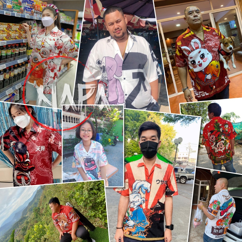 เสื้อฮาวาย แมวกวักดอกไม้สีสัน A1132 ผ้าไหมอิตาลีแท้ - รูปที่ 5