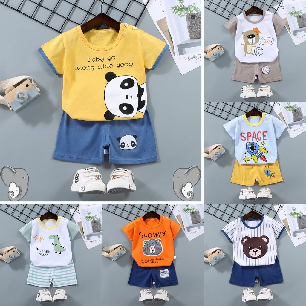 เสื้อผ้าเด็ก เซท 2 ชิ้น เสื้อแขนสั้น + กางเกงขาสั้น ไซส์ 73-120 cm มีกระดุมไหล่ สีทูโทนสวย พร้อมส่งจากไทย