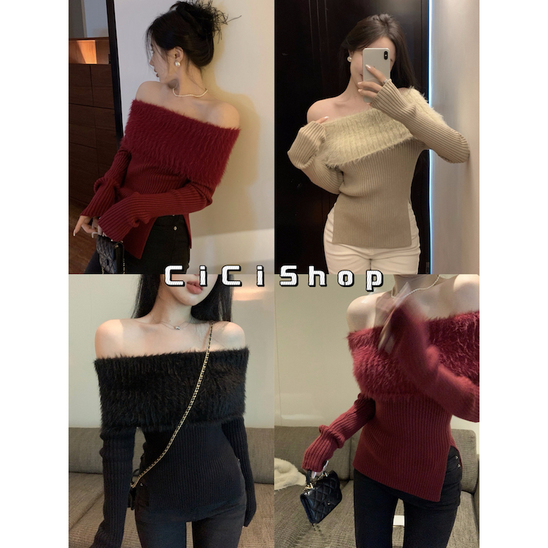 Cicishop(Z29801)เสื้อเเขนยาวไหมพรม ปาดไหล่ ดีเทลแต่งขนมิ้ง แหวกข้าง สไตล์ฝรั่งเศษ