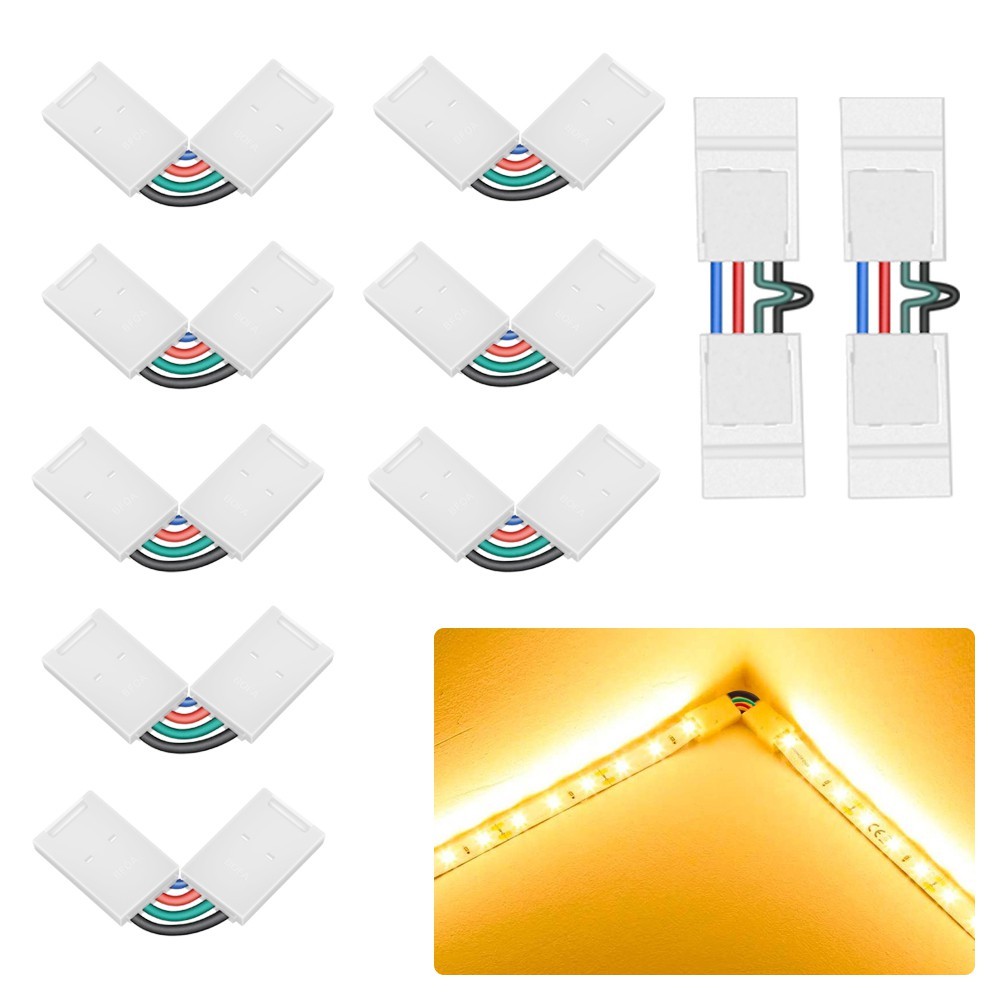 10pcs แพ็ค 10 มม. 4 พินขั้วต่อรูปร่างสำหรับ 5050 RGB LED LED LIGHT 90 องศามุมเชื่อมต่อแถบแถบ LED
