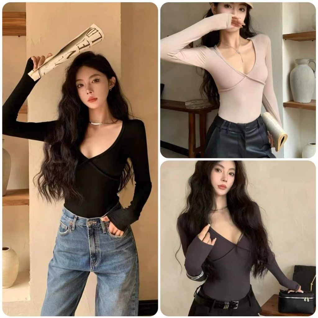เสื้อแขนยาว รัดรูปทรงสวย คอวี สีพื้นเรียบๆ