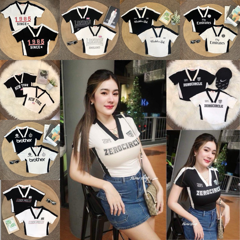 เสื้อครอปแขนสั้นรุ่นคอวีทรงสปอร์ต ผ้าเรย่อนพรีเมี่ยม สาวอวบใส่ได้ยืดกระชับตามตัวใส่ได้ทุกโอกาส