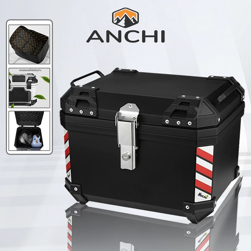 ANCHI กล่องหลังรถมอเตอร์ไซค์ กล่องท้ายมอไซ 45L ABS วัสดุ/วัสดุอะลูมิเนียม  มีแถบสะท้อนแส พร้อมอุปกรณ์ถาดติดตั้ง