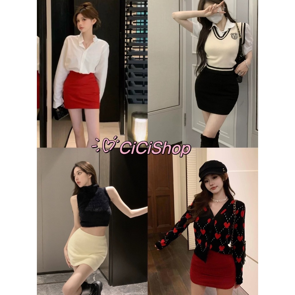 Cicishop(713-9)กระโปรงผ้าไหมพรม ทรงเอ สีพื้น ผ้ายืด เเมทช์ได้หลายลุคหลายสไตล์