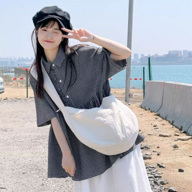 SMD2058 เสื้อเชิ้ตลำลองแขนสั้น ลายตาราง กระดุมแถวเดียว สาวหวานน่ารัก ความเยาว์ ทรงหลวม one size