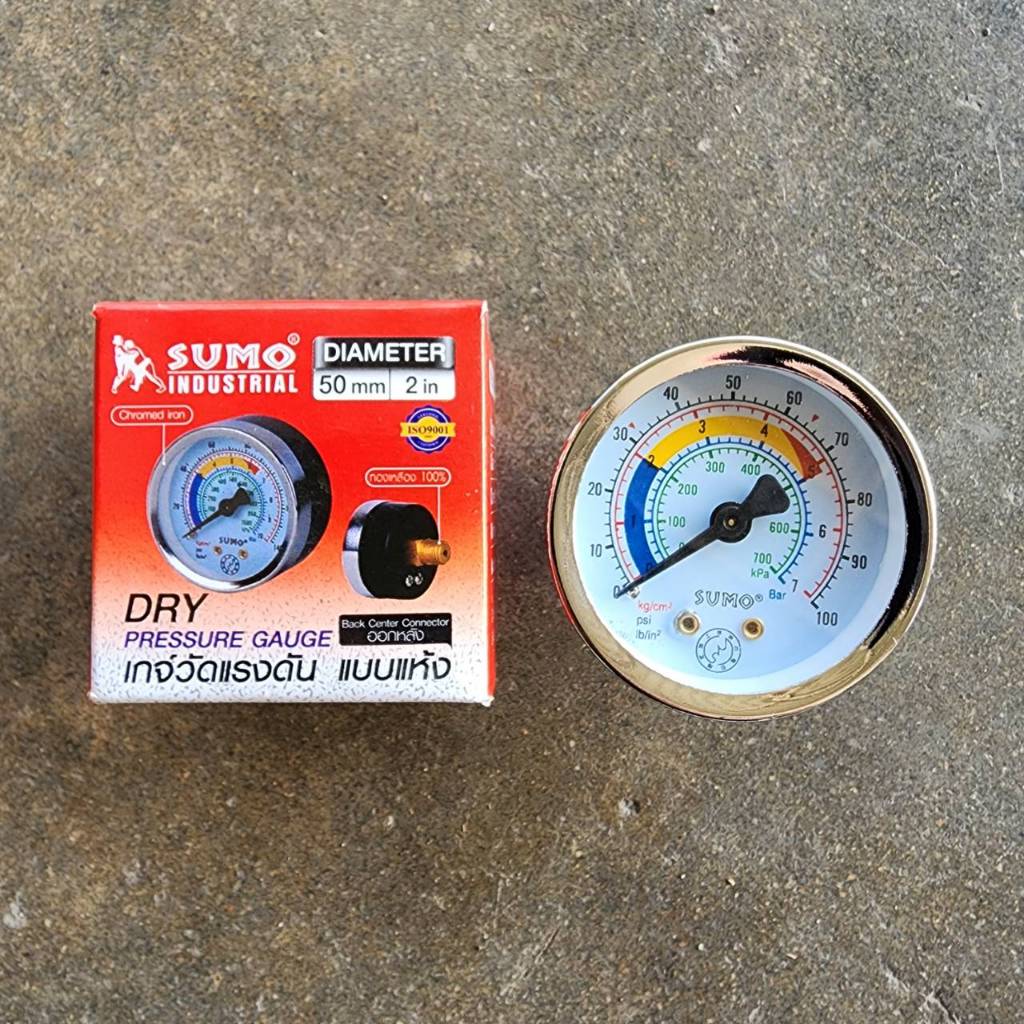 เกจ์วัดแรงดัน แบบแห้ง(เกลียวออกหลัง) ซูโม่ SUMO 50mm x 7 bar x 1/4inch ใช้ได้ทั้งระบบลมและน้ำ (Dry Pressure Gauge)