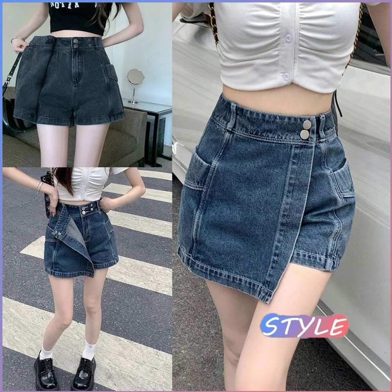 STYLE พร้อมส่ง J6868* กระโปรงยีนส์สั้น กางเกงกระโปรงยีนส์เอวสูงทรงเอ สไตล์เกาหลี Y2K แมตย์ง่ายมาก แฟชั่นฤดูร้อน