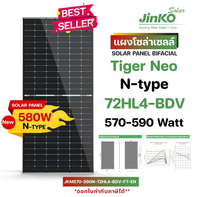 แผงโซล่าเซลล์ Solar Panel Bifacial Jinko Tiger Neo 580W N type (ฟรีค่าจัดส่ง)