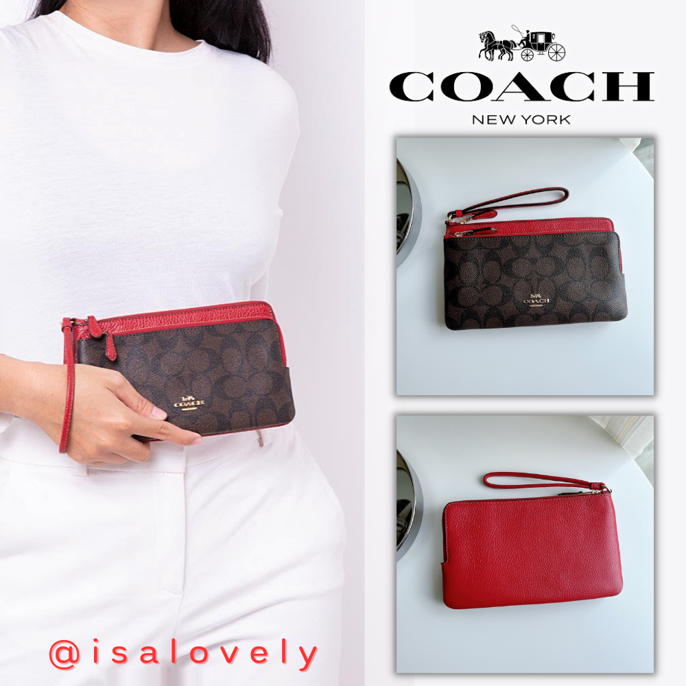 📌Isa Lovely Shop📌  Coach C5576 DOUBLE ZIP WALLET IN SIGNATURE CANVAS  IM/ BROWN 1941 RED