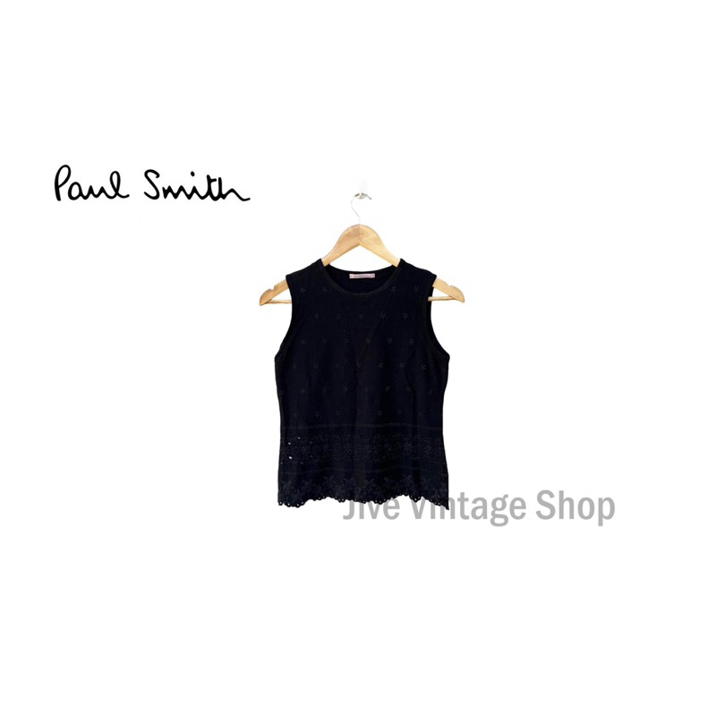 PAUL SMITH WOMEN  Stencil tank top เสื้อแขนกุด / เสื้อกล้าม ผู้หญิง สีดำ ปักลาย และฉลุลายตรงชายเสื้อ