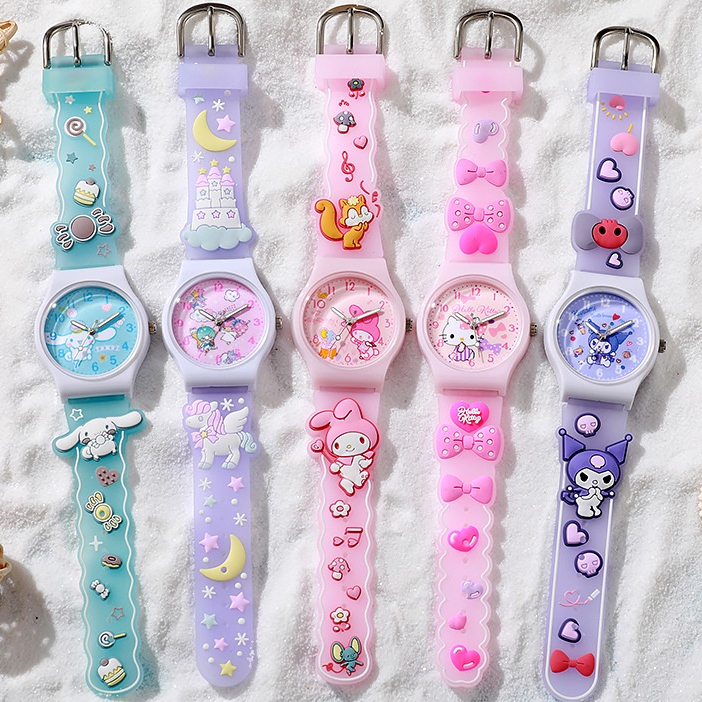 ใหม่ นาฬิกาข้อมือควอตซ์ สายซิลิโคน กันน้ํา ลายการ์ตูน Sanrio Kuromi Melody Cinnamoroll 3D น่ารัก สําหรับเด็กนักเรียน