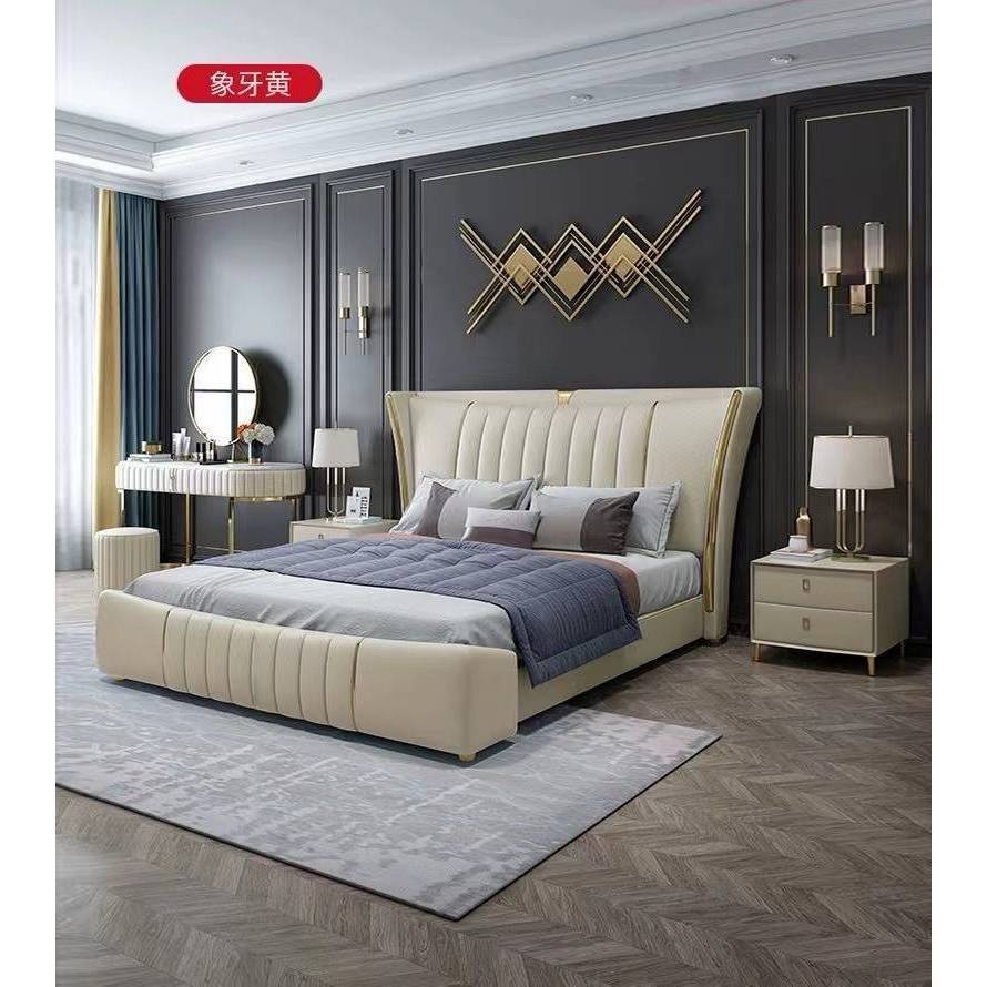 เตียงนอนหนังแท้ Bedroom Furniture Solid Wood Bed