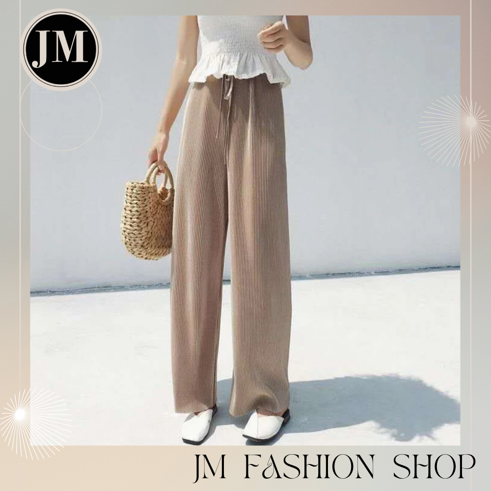JM Fashion Shop กางเกงขายาวอัดพลีท เอวยืด ผ้าซาตินใส่สบาย แฟชั่นนำเข้า คุณภาพดี ทรงสวย ทันสมัย ราคาถ