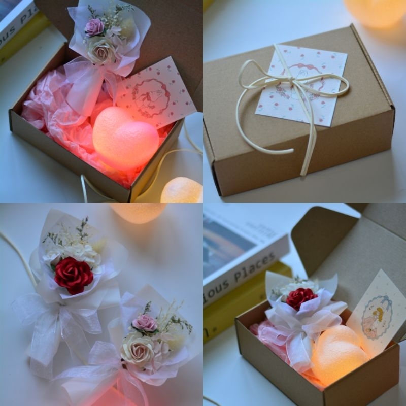 Memoryofflower•พร้อมส่ง•เซทของขวัญ พร้อมช่อดอกไม้ โคมไฟminiหัวใจ