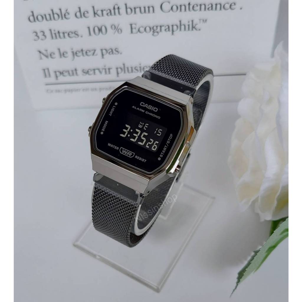 นาฬิกา Casio รุ่น A168WEMB-1B นาฬิกาหน้าปัดดิจิตอล สายถัก สีเทาดำ ของแท้ 100% รับประกันสินค้า 1 ปีเต็ม
