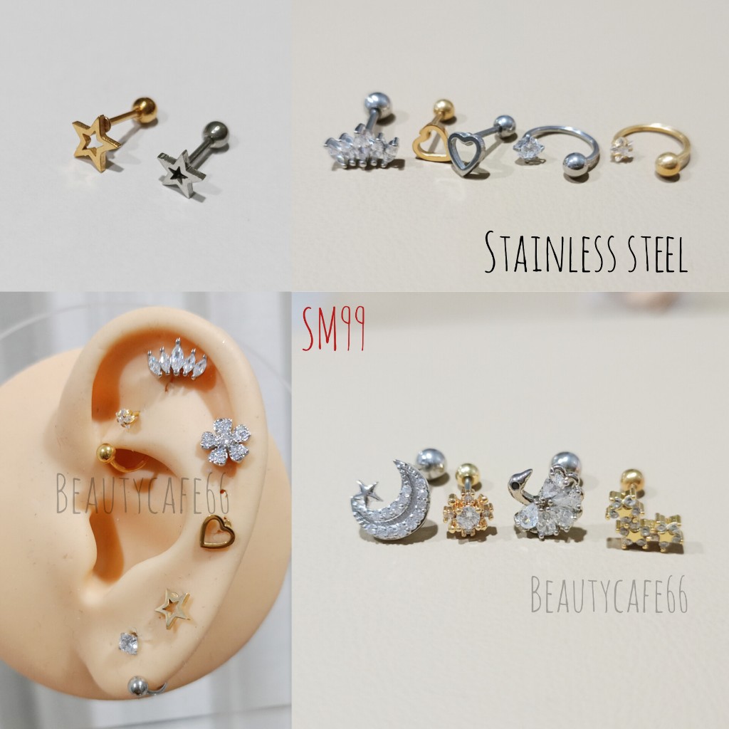 SM99 (1 pc.) จิวหู คิ้ว จมูก Tragus Flat helix Lope สแตนเลส ส่งจากไทย Minimal stud earrings ประดับคริสตัล