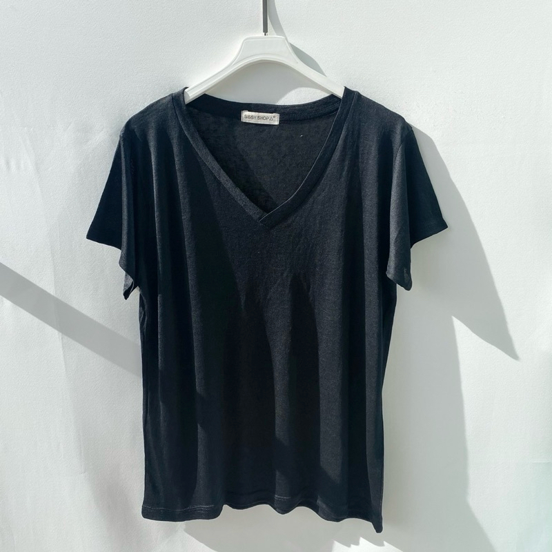 S4 เสื้อยืด คอวีไขว์ ผ้าสลาฟ สาวอวบ ผ้ายืด ใส่สบาย