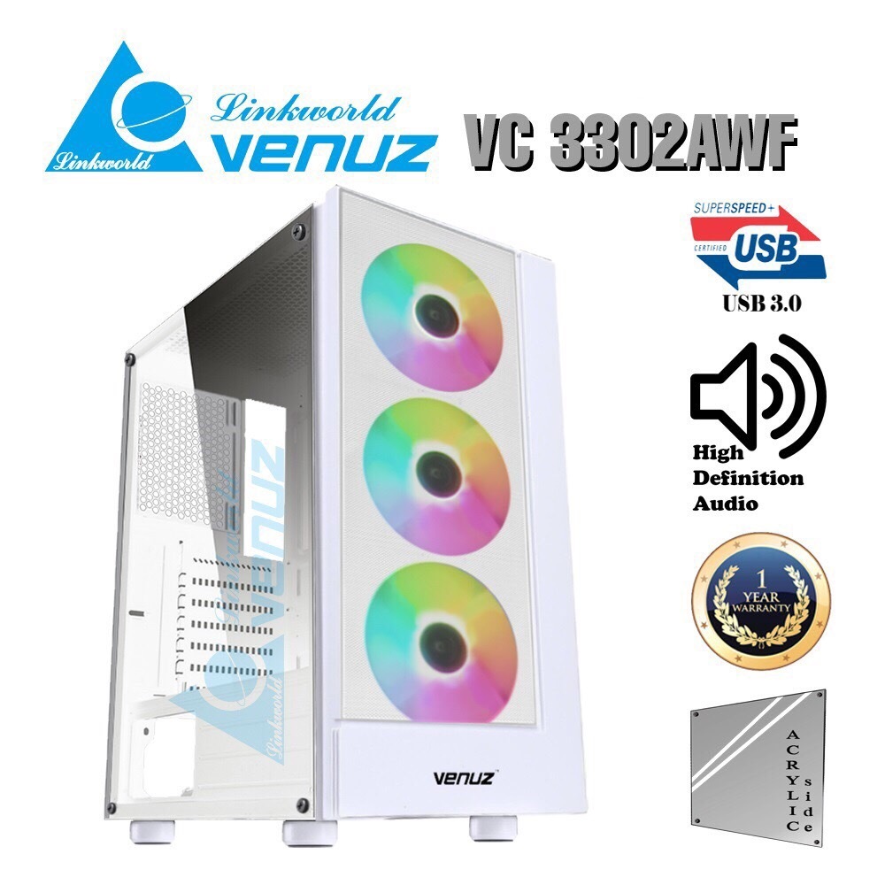 VENUZ มีพัลม RGB 3 ตัวAcrylic Side ATX Computer Case VC 3302AWF – White