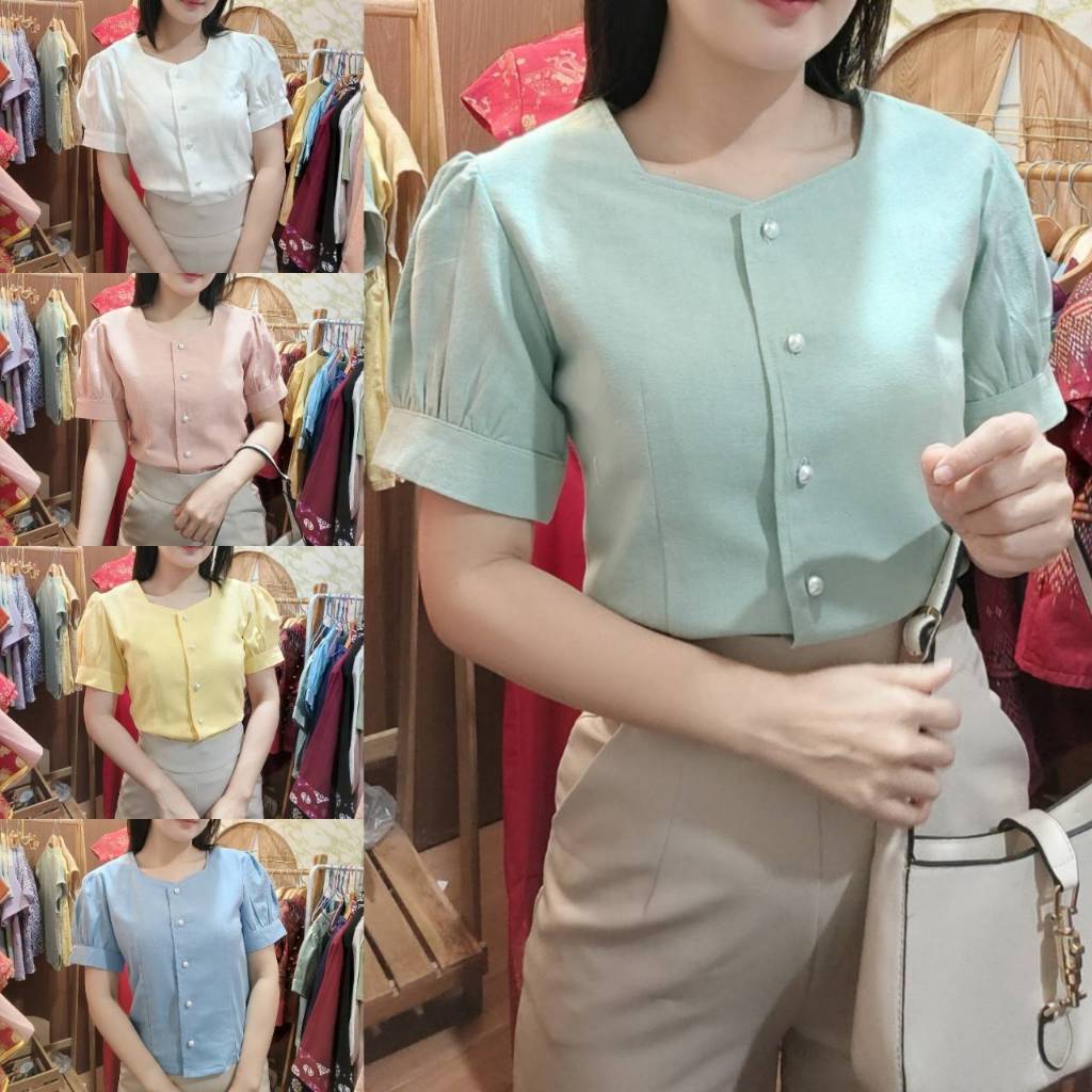 เสื้อผ้าฝ้าย คอเหลี่ยม กระดุมมุก