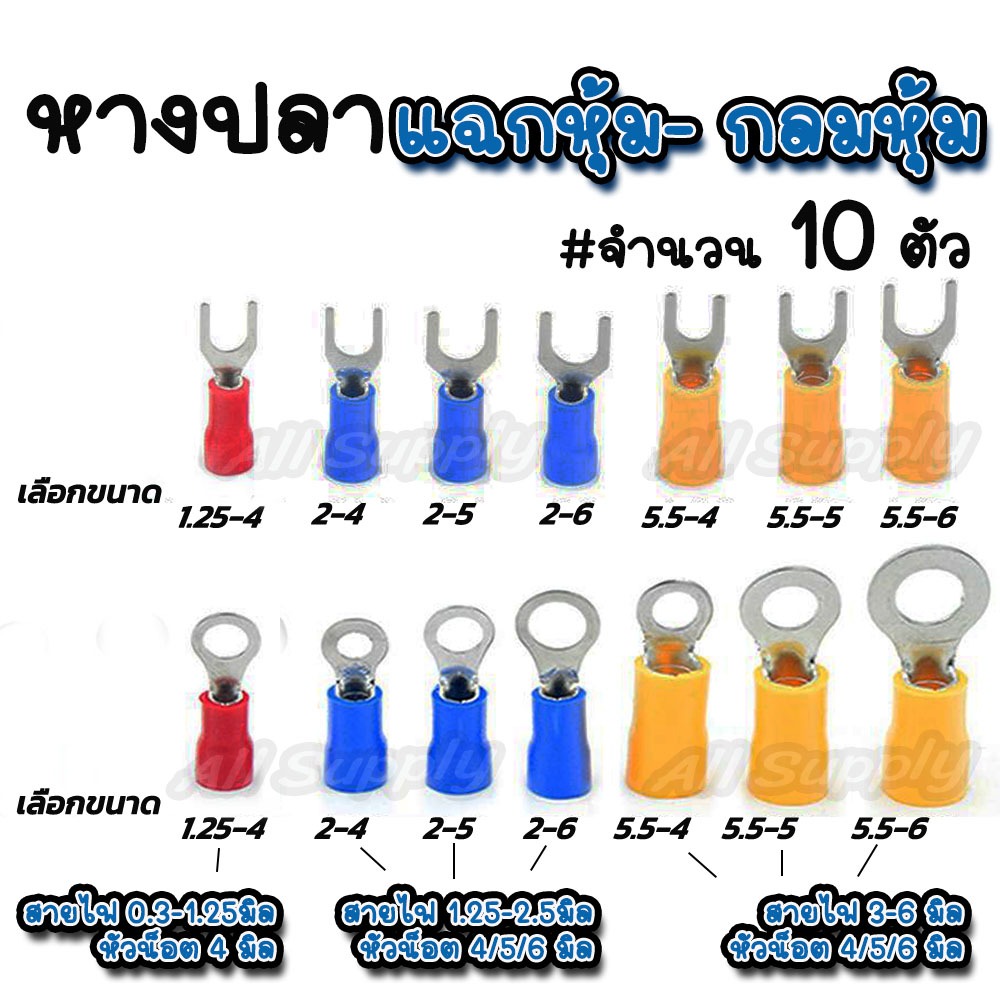 หางปลา แฉกหุ้ม กลมหุ้ม (10ตัว) อย่างดี #เลือกขนาด เกรอเอ สายไฟ หางปลาต่อสาย หางปลาหุ้ม