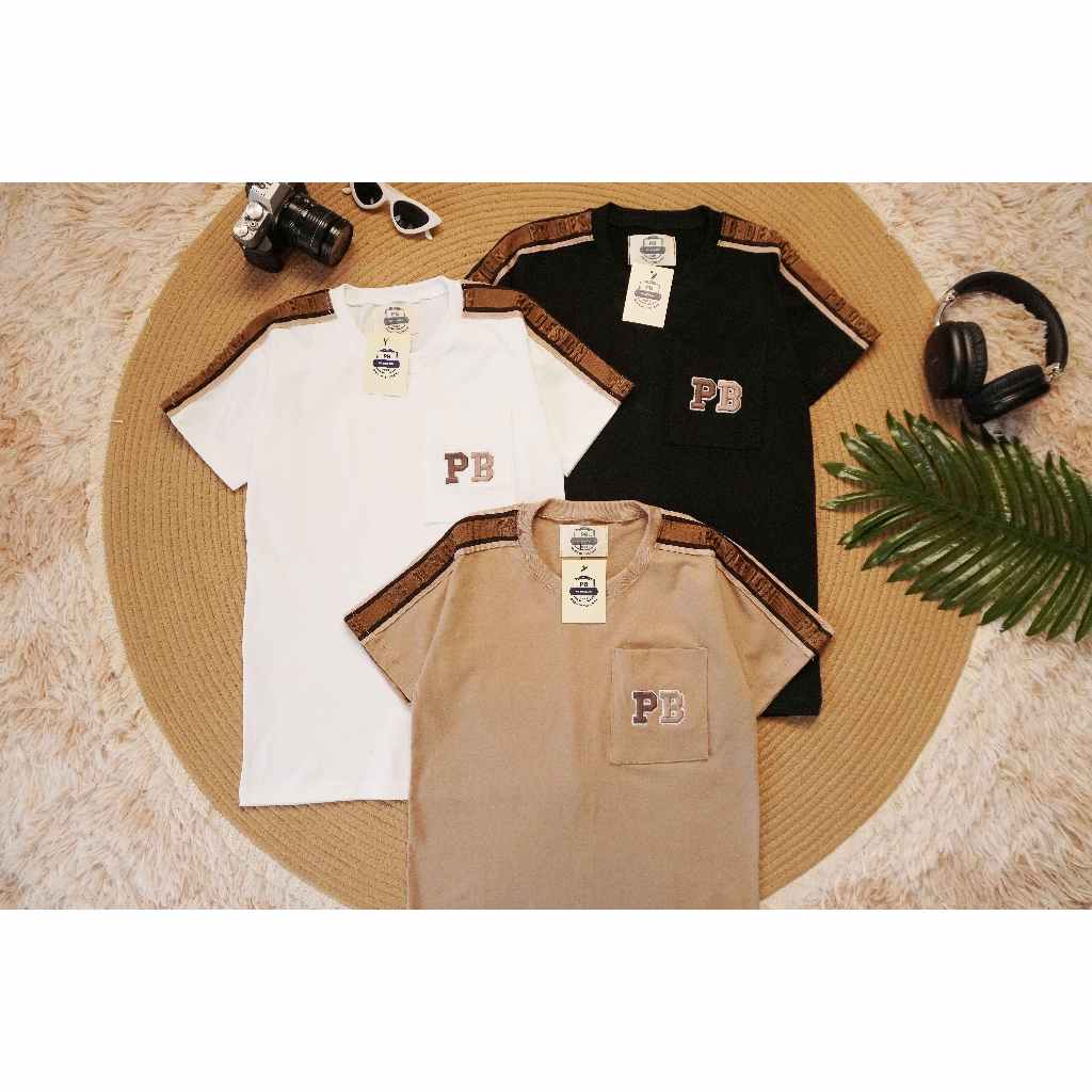 PB DESIGN46 คาดไหล่นูน ผ้าคอตตอน100% ปักแถบที่แขนแบบนูนพอดีมีสไตล์แขนสั้นคอกลมมีกระเป๋า