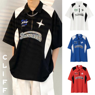 CLIFF ฮิปฮอป Hip-hop เสื้อโปโล ผู้ชาย แข่งรถสไตล์ รุ่นหลวม ส…