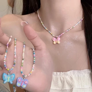 ในไทย💖สร้อยคอผีเสื้อจี้ลูกปัดที่มีสีสันY2kแฮนด์เมดสไตล์เกาหลีนักเรียนสำหรับผู้หญิงราคาส่งถูกที่สุด.COD
