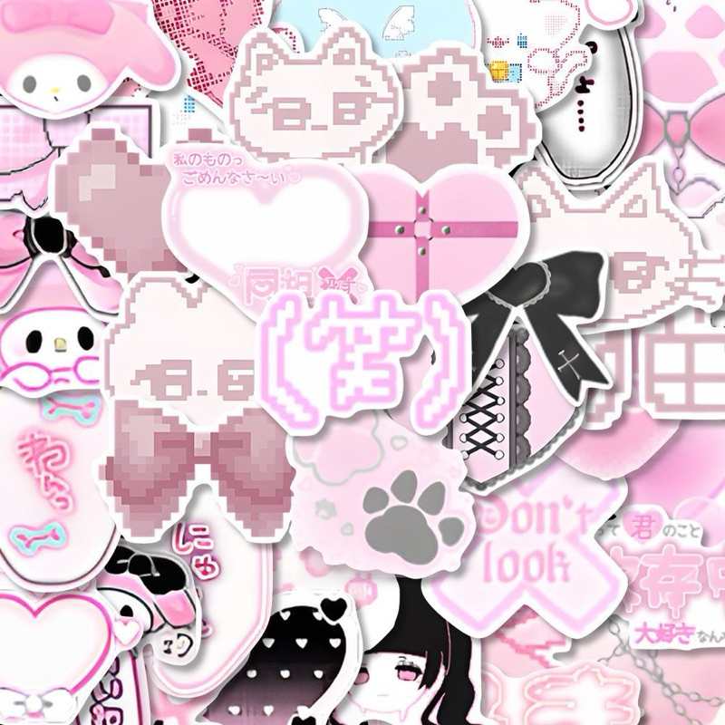 🤍🌸พร้อมส่ง!สติ๊กเกอร์ตกแต่ง ลายการ์ตูนน้องแมว โทนสีชมพู ขาว 100ชิ้น