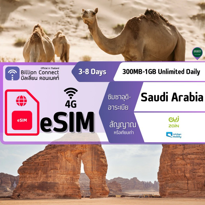 eSIM Saudi Arabia Sim Card Unlimited 300MB-1GB Daily สัญญาณ Zain SA Mobily: ซาอุดีอาระเบีย 3-8 วัน