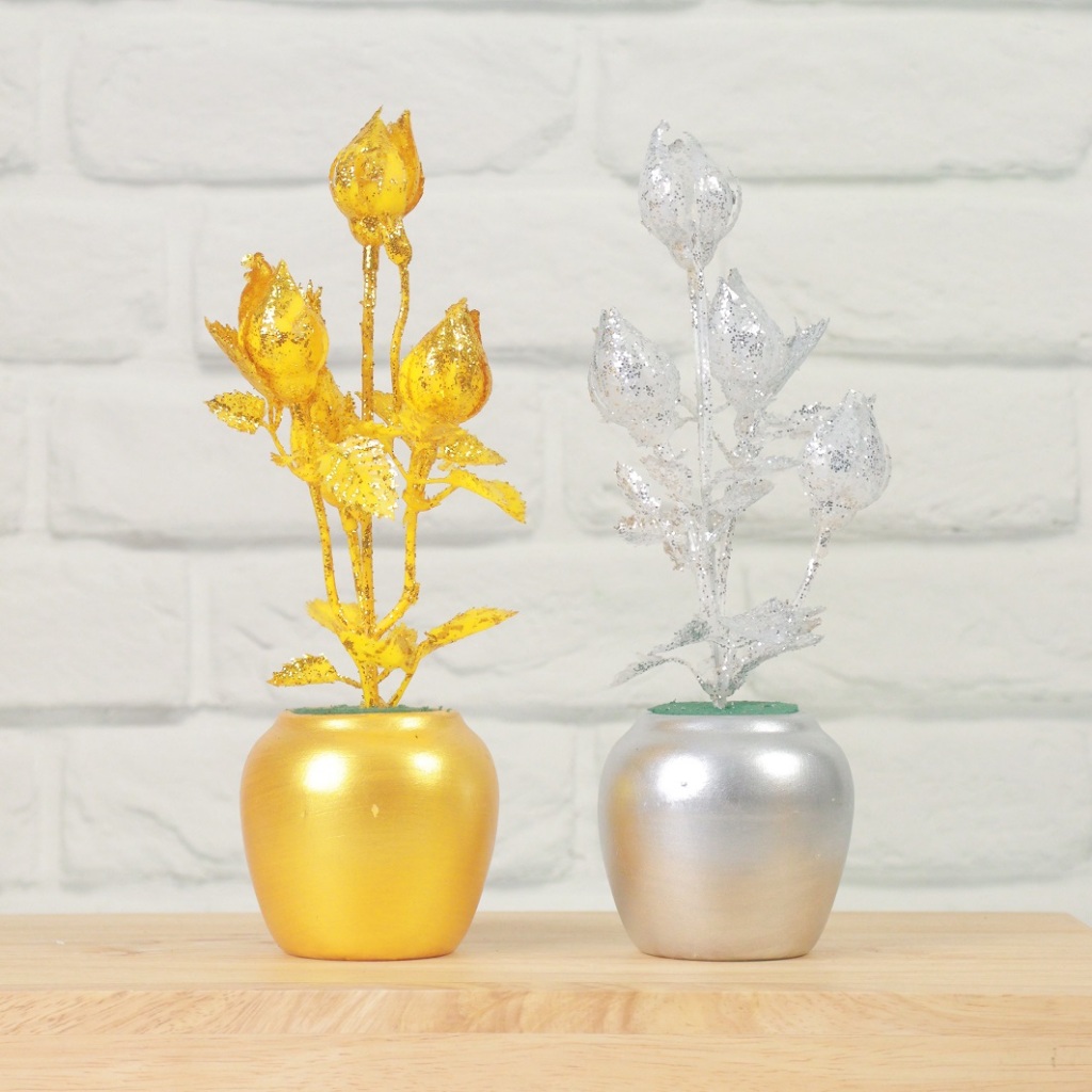 [พร้อมส่ง]✅ถูก ส่งเร็ว🔥แจกันไหว้พระงานไทย เซตคู่ ดอกบัวเงินบัวทอง ดอกไม้ประดิษฐ์ ดอกไม้ไหว้พระ ดอกไม้ปลอม - รูปที่ 7