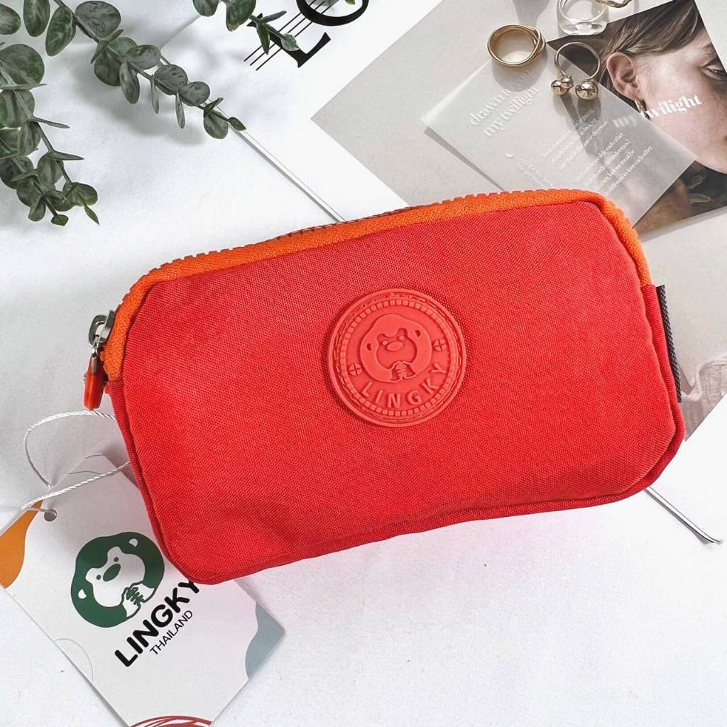 กระเป๋าผ้า 3 ซิบ ขนาด 6 นิ้ว บุฟองน้ำกันกระแทก มีสายคล้องมือ #3 ซิบกลางลิงกี้