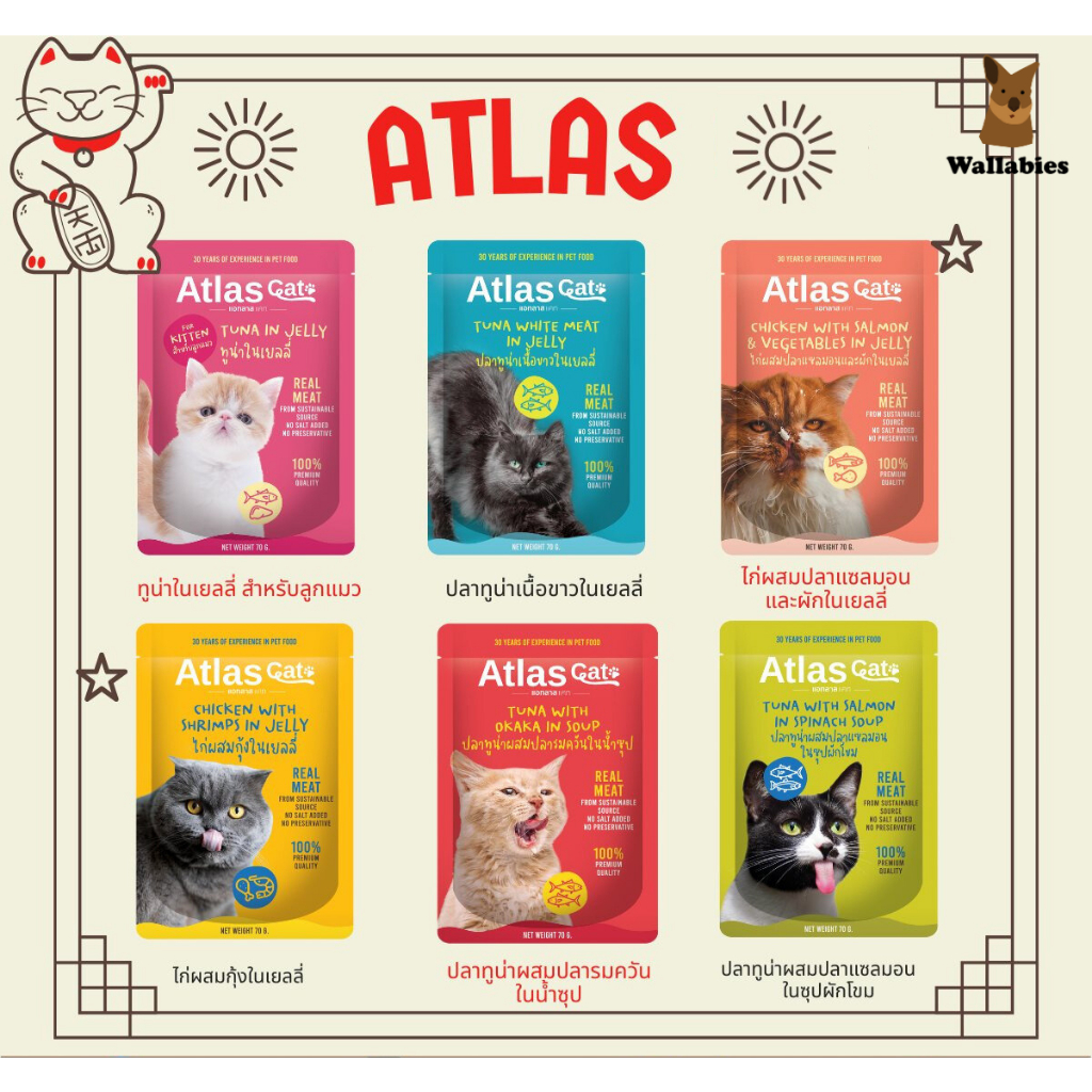 (1ซอง)Atlas Cat Pouch Cat Food แอทลาส แคท อาหารเปียกแมว 6รสชาติ 70กรัม