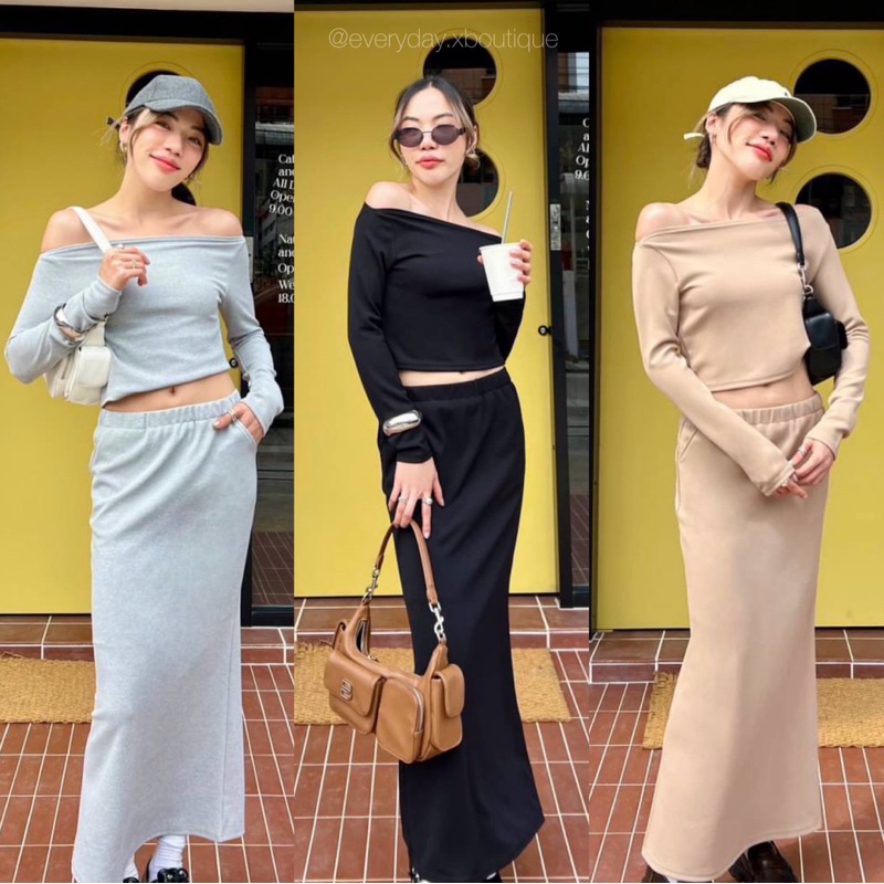 NEW IN!! (450฿) สวยฉ่ำแบบสาวชิค กับชุดเซ็ตปาดไหล่ แมชท์คู่กับกระโปรงยาว ผ้าใส่สบายมากกก อยากดูดีมีเทส akkara
