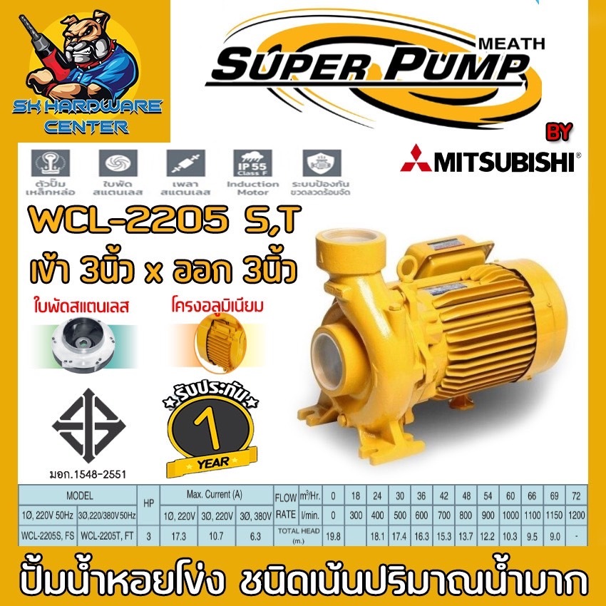 SUPER PUMP by MITSUBISHI ปั๊มน้ำหอยโข่งไฟฟ้า ขนาดเข้า-ออก 3นิ้ว กำลัง 2200วัตต์(3แรง) รุ่น WCL 2205 S(220V) , T(380V)