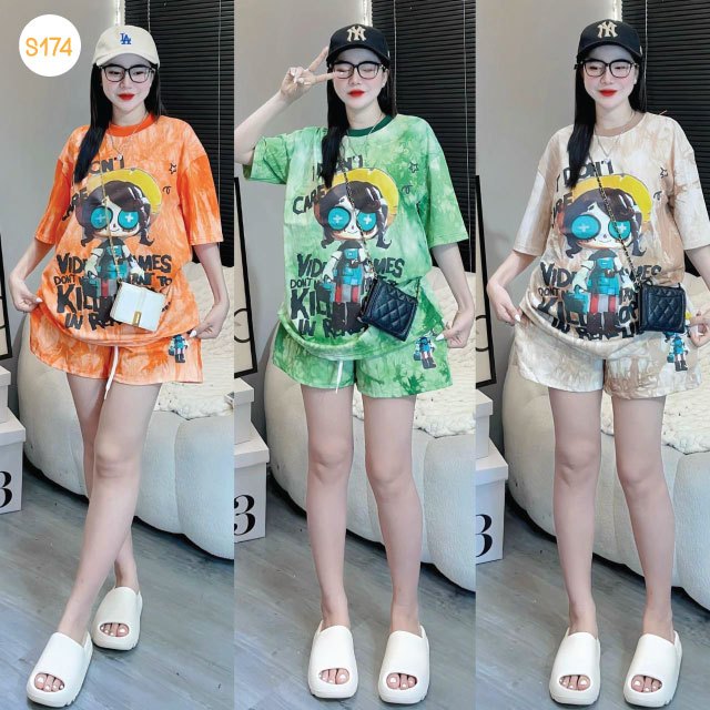 S174-ชุดเซ็ท2ชิ้น แขนสั้นขาสั้น พิมพ์ลายเด็กxo กางเกงมีเชือกรูด**มีกระเป๋าข้าง**